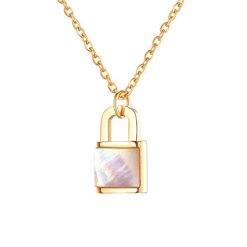 MENDOZZA Halskette Damen Schloss Kette Perlmutt Edelstahl Schmuck Padlock-Anhänger Gold 45 cm von MENDOZZA