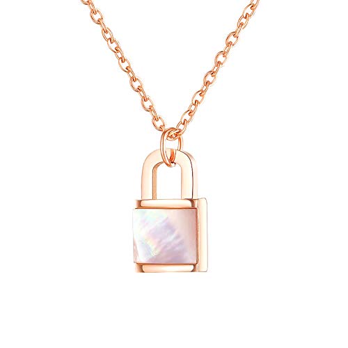 MENDOZZA Halskette Damen Schloss Kette Perlmutt Edelstahl Schmuck Padlock-Anhänger Rosegold 45 cm von MENDOZZA