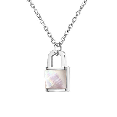 MENDOZZA Halskette Damen Schloss Kette Perlmutt Edelstahl Schmuck Padlock-Anhänger Silber 45 cm von MENDOZZA