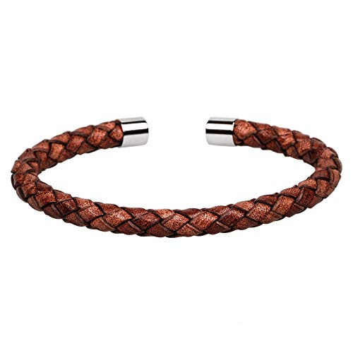 MENDOZZA Herren Armreif Leder Armband Edelstahl Männer-Schmuck Bangle Größenverstellbar (Braun-Silber, 17.5) von MENDOZZA