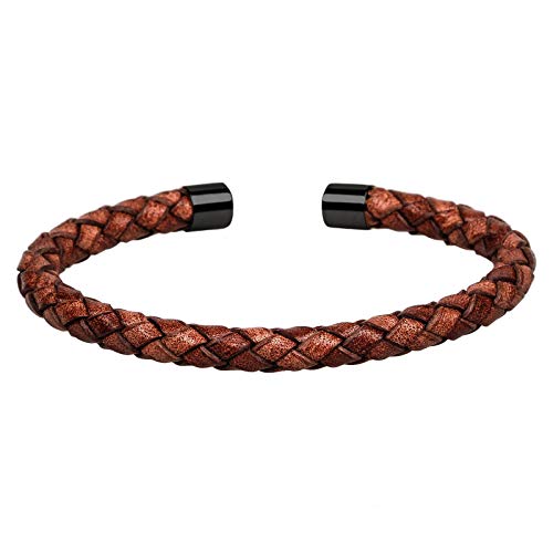 MENDOZZA Herren Armreif Leder Armband Edelstahl Männer-Schmuck Bangle Größenverstellbar S-M Braun-Schwarz 17.5 cm von MENDOZZA
