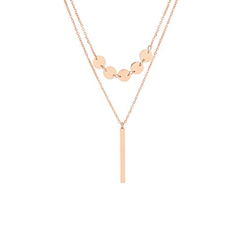 MENDOZZA Stab Anhänger Hals-Kette Double Layer Edelstahl Damen-Schmuck Silber Gold Roségold 5 Coin Bar 46 cm (Rosegold, 46) von MENDOZZA