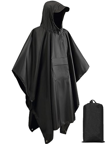 MENGH Wasserdichter Regenjacken, Wiederverwendbar Unisex, 3 in 1 Multifunktionaler Regencape, Ripstop Atmungsaktiver, mit Kapuze für Picknick im Freien Trekking Camping Angeln Jagd Ausflug Schwarz von MENGH