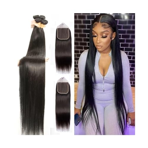 Echthaarbündel Knochengerade Bundles mit Verschluss, Echthaar-Webart-Verlängerung, natürliche Farbe, gerade, brasilianisches Remy-Haar, Bundles mit Frontal for schwarze Frauen Haarwebbündel(6" x 6",24 von MENGLI-2024
