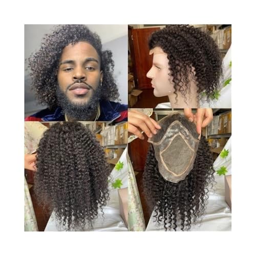 MENGLI-2024 Herren-Toupet Afro Kinky Curly Toupet for Männer 8×10 Zoll Basis Männliche Haarprothese Mono Lace mit PU Herrentoupet 12" langes Echthaar-Ersatzsystem Perücken Toupet Haare von MENGLI-2024