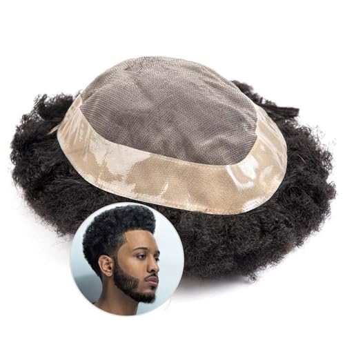 Herren-Toupet Afro-Locken-Toupet for schwarze Männer, 6 Zoll indische Remy-Haarprothese, feines Mono-Oberteil mit PU rund um Herren-Haareinheiten, 12 mm gewelltes Echthaar-Ersatzsystem Perücken Toupet von MENGLI-2024