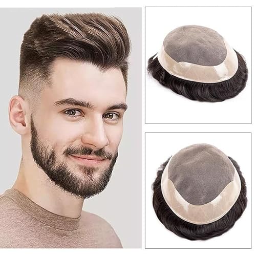Herren-Toupet Männliche Kapillarprothese, 6 Zoll, indisches Echthaar, feines Mono, mit Npu um das Herrentoupet, 130% Dichte, atmungsaktives Haarersatzsystem Perücken Toupet Haare(Jet black,6x9) von MENGLI-2024