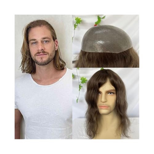 MENGLI-2024 Herren-Toupet Toupet for Männer, 12" langes Echthaar-Ersatzsystem 4# Mittelbraun Farbe 8x10 Zoll Voll-PU dünne Hautbasis Herren-Haarteil Herren-Toupet Perücken Toupet Haare von MENGLI-2024