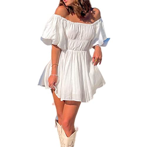 MENGQING Boho Schulterfreies Kurzes Strandkleid Casual Urlaub Party A-Linie Kurze Laternenärmel Ausgestellte Minikleider - Weiß, S von MENGQING