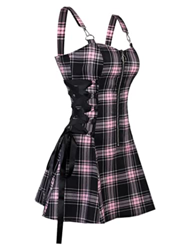 MENGQING Gothic Plaid Schnürkleid mit halbem Reißverschluss, A-Linie, Mini-Kleider für den täglichen Gebrauch, sexy Kleider für Frauen, ärmellos, Hellrosa, XXL von MENGQING