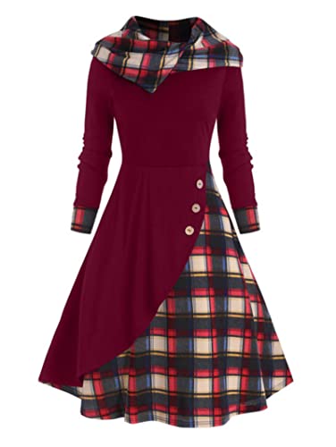 MENGQING Vintage-Kleid Damen Kapuze Plaid Mock Button Überlappung Midi Kleid Gothic Punk Langarm Casual Sexy Partykleid Harajuku-Deep Red,L von MENGQING