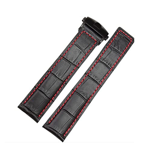 MENGKE Echtes Leder Armband 19mm 20mm 22m Compatible With Tag Heuer Uhrenarmband Männer Armbanduhren Band Zubehör Falten Schnalle Leder Watch Strap(Black red black,22mm) von MENGXIU
