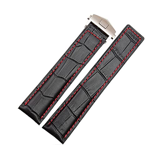 MENGKE Echtes Leder Armband 19mm 20mm 22m Compatible With Tag Heuer Uhrenarmband Männer Armbanduhren Band Zubehör Falten Schnalle Leder Watch Strap(Black red silver,20mm) von MENGXIU