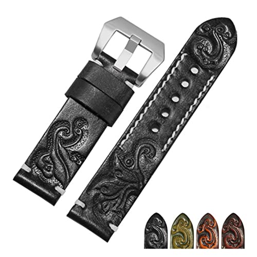 MENGXIU MENGKE Handgemachte Retro geschnitztes echtes Leder Armband 18 20 22 24mm Schwarz Rot Armband Ersatzgurt Compatible With Herrenuhr Zubehör(Black silver A,18mm) von MENGXIU