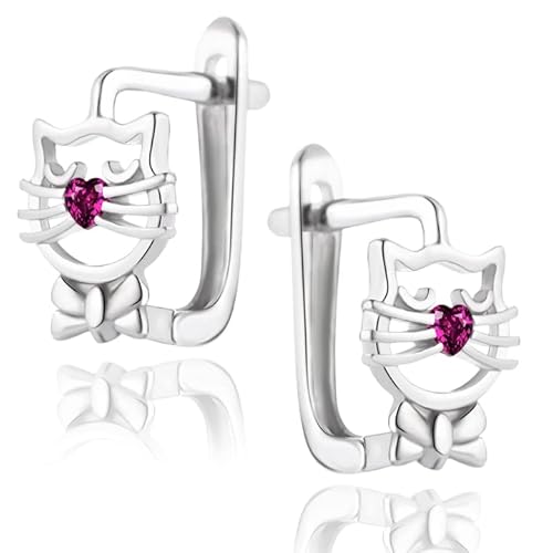 MENNICA BYDGOSKA Katzen Herz mit Diamant Zirkonia 925 Silber Ohrringe für Mädchen Damen Englischer Verschluss Nickelfrei zum Verschenken Rhodiniert von MENNICA BYDGOSKA
