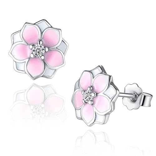 MENNICA BYDGOSKA Ohrringe Silber 925 Rosa Blumen mit Diamant Zirkonia für Mädchen Damen Nickelfrei Verschluss Verschluss Geschenk Rhodiniert von MENNICA BYDGOSKA