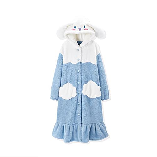 Damen Robe Button Bademantel Damen Hoodie Mantel Plüsch Warm Pyjama Lange Nachtwäsche mit Niedlichem Muster Tasche Pyjama, Cloud Dog, Large von MEOKIM