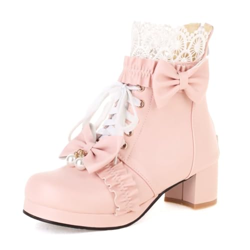 MEOTINA Frauen Plateau Stiefel Chunky Heel Spitze Lolita Stiefeletten Reißverschluss Bogen Cosplay Booties Nette Kawaii Schuhe, Pearl Pink, 10.5 von MEOTINA