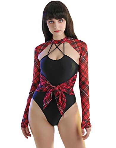 MEOWCOS Damen Badeanzüge Einteiler Punk Badeanzug Badeanzug mit langen Ärmeln, schwarz / rot, Small von MEOWCOS.COM