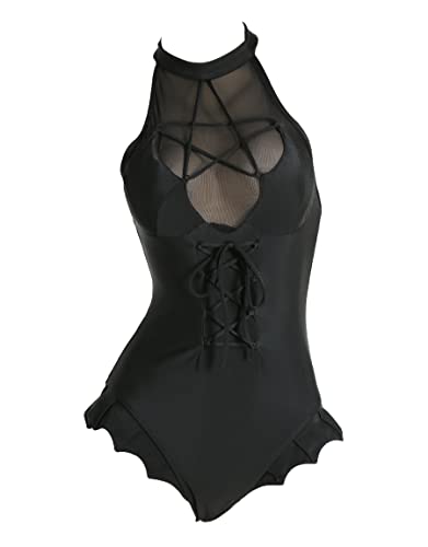 MEOWCOS Damen-Badeanzug, Einteiler, Schwarz, Fledermaus-Stil, Schwarz, Medium von MEOWCOS.COM