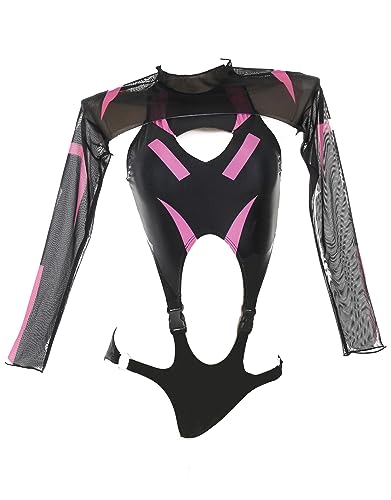 MEOWCOS Damen Einteiler Badeanzüge Gothic Badeanzug Schwarz Rosa Ausschnitt Einteiler Badeanzug mit Shrug, Schwarz und Rosa, Large von MEOWCOS.COM