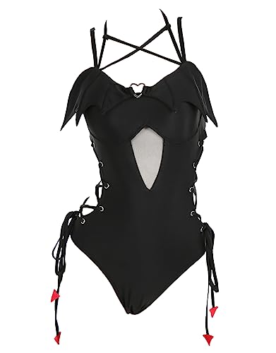 MEOWCOS Damen Einteiler Badeanzüge Gothic Badeanzug Teufelsflügel Bauchweg Badeanzug Einteiler Bademode, Schwarz, S von MEOWCOS.COM