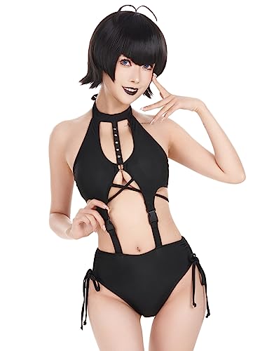 MEOWCOS.COM MEOWCOS Damen Einteiler Badeanzüge Gothic Badeanzug Sexy Badeanzug Neckholder Top und Shorts Bikini Sets, Schwarz, Medium von MEOWCOS.COM