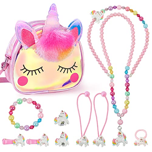 MEOWMEE Kinder Handtasche mit Schmuckset, Mädchen Tasche mit Kinderschmuck Halskette Armband Ringe Ohrringe Haarschmuck Haarband Haarspangen Haargummis Party Dress Up für Mädchen Geburtstag Geschenk von MEOWMEE