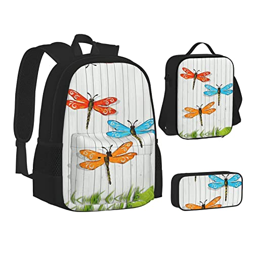 MEPED Schul-Büchertaschen-Set, bunter Sukkulenten-Rucksack mit Lunchbox und Federmäppchen, Schulrucksack, Jungen und Mädchen, Libellenzaun, Einheitsgröße, Reiserucksäcke von MEPED