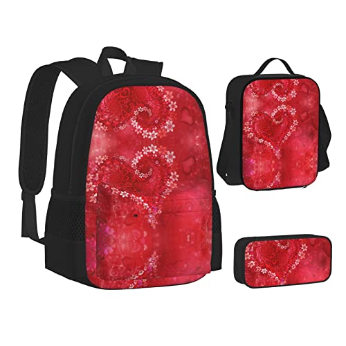 MEPED Schul-Büchertaschen-Set, niedlicher Krankenschwester-Rucksack mit Lunchbox und Federmäppchen, Schulrucksack, Jungen und Mädchen, Valentinstag rote Herz Blume, Einheitsgröße, Reiserucksäcke von MEPED