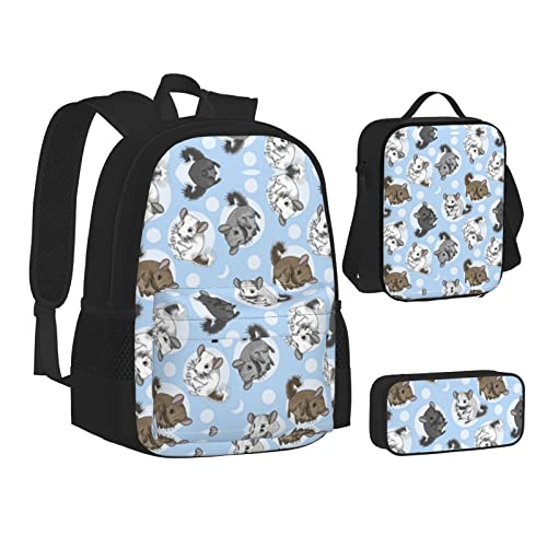 MEPED Schule Büchertaschen Set Leopard Print Student Rucksack mit Lunchbox und Federmäppchen Schulrucksack Jungen Mädchen, Blaue Chinchillas und Mond, Einheitsgröße, Reiserucksäcke von MEPED