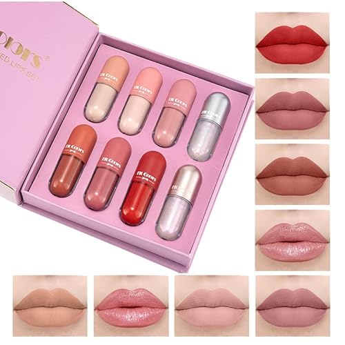 Lippenstift-Set samtiges Lipglosses mit mattem Finish, Matte Liquid Lipstick 8 Farben Lipgloss Make-up Hochpigmentierte, Makeup für Frauen von MEPHILIMIA