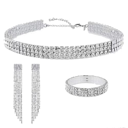 MEQNOIG 5-reihige Strass-Choker-Halsketten Silber funkelnde Diamant-Choker Kristallkette (3-reihiges Set Silber) von MEQNOIG