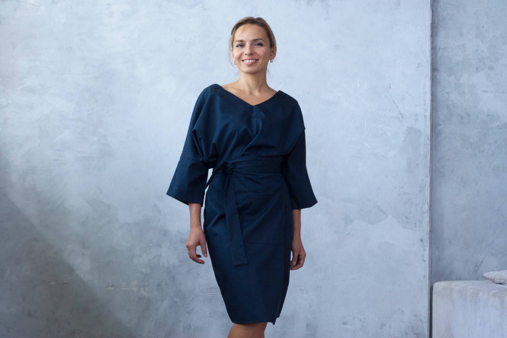 Baumwoll Wickelkleid, Marine Kimono Kleider Für Frauen, Langarm Kaftan Kleid Midi, Blouson Mit Gürtel, Dolman Ärmel Merces von MERCESStore