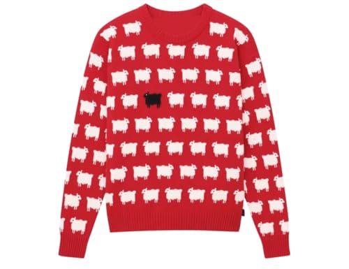 MERCH ATTIRE Baaaa Damen Diana Warm und Wunderbar Schwarz & Rot Schaf Pullover Unisex, Rot - Weihnachts-Strickpullover, Groß von MERCH ATTIRE