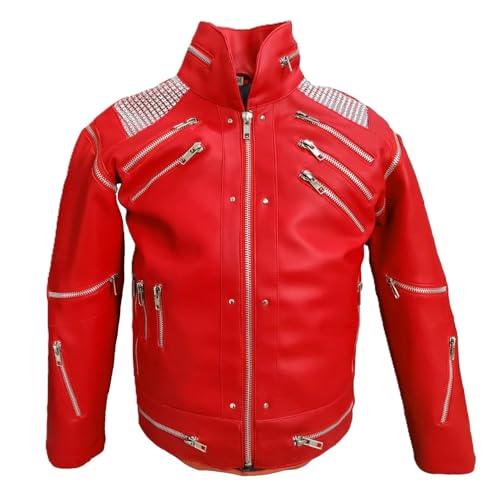 MERCH ATTIRE Herren 80er Jahre Rot & Schwarz Cosplay Pop Culture Jacke Kostüm Lederjacke, 2) Rot - Rockstar Kunstlederjacke, M von MERCH ATTIRE