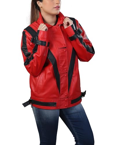 MERCH ATTIRE Herren 80er Jahre Rot & Schwarz Cosplay Pop Culture Jacke Kostüm Lederjacke, 4) Rote Damenjacke aus Kunstleder – Rockstar, M von MERCH ATTIRE