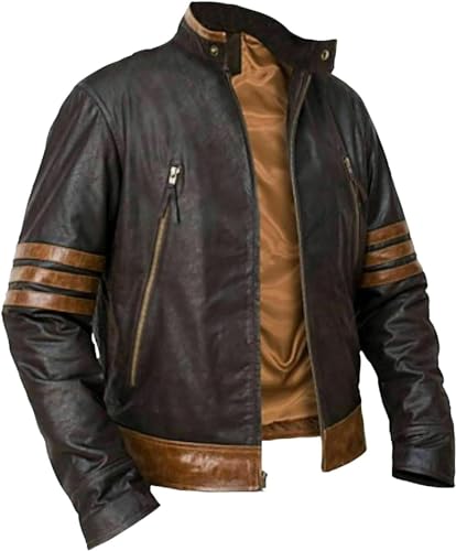 MERCH ATTIRE Herren Logan Vintage X Superhero braune Streifen Halloween Lederjacke Mode, Braun – Kunstlederjacke, XXL von MERCH ATTIRE