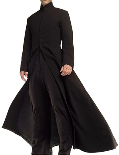 MERCH ATTIRE Herren Matrix Kostüm Mantel | Neo Lang Schwarz Gothic Trenchcoat Outfit Kostüm Cosplay Jacke, Wolle – langer Herrenmantel, L von MERCH ATTIRE