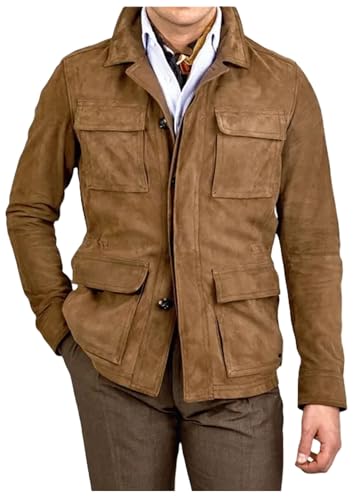 MERCH ATTIRE Herren Wildleder Field M65 Jacke mehrere Taschen Stehkragen Safari-Mantel, Wildleder - Braun M65 Feldjacke, XL von MERCH ATTIRE