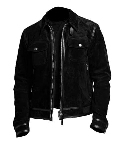 MERCH ATTIRE Herren Wildlederjacke mit Lederstreifen, klassische Bikerjacke, echte Motorradjacke, Schwarz, Schwarz – Wildleder, M von MERCH ATTIRE