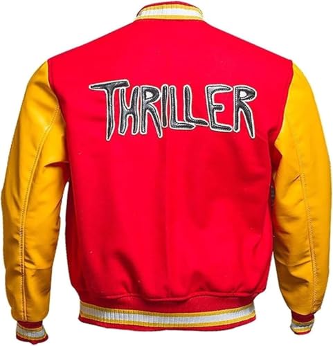 MERCH ATTIRE Thriller MJ Varsity Jacke Letterman Bomber Konzert Cosplay Halloween Kostüm, Varsity - Ärmel aus Wolle/Echtleder, S von MERCH ATTIRE