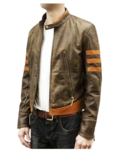 MERCH ATTIRE X Brown Distressed Leather Logan Wolverine Leather Biker Jacket Real Lambskin, Echtes Leder – Lederjacke, XXL von MERCH ATTIRE