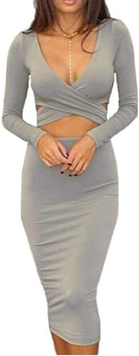 Merciy Sexy Fest V Ausschnitt Langarm Bodycon Kleid ，Figurbetontes Kleid Knielang (L, Grau) von Merciy