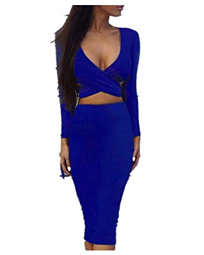 MERCIY Sexy Fest V Ausschnitt Langarm Bodycon Kleid ，Figurbetontes Kleid Knielang (S, Blau) von MERCIY