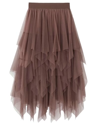 Damen Tüll Röcke High Low Layered Faltenrock Midi Rock Asymmetrisch Karnevalsrock Elegant Weich Knielang Puffy Fee Röcke von MERCIYD