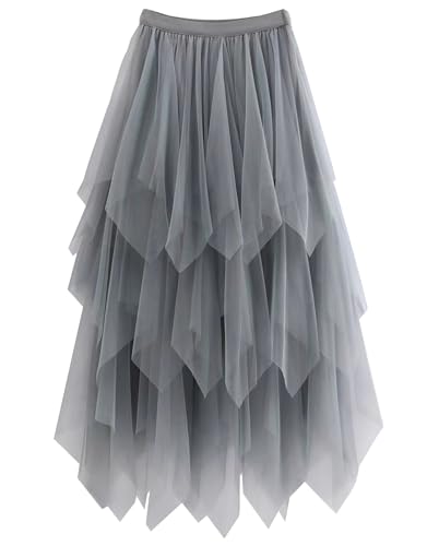 Damen Tüll Röcke High Low Layered Faltenrock Midi Rock Asymmetrisch Karnevalsrock Elegant Weich Knielang Puffy Fee Röcke von MERCIYD