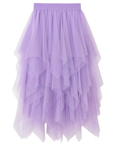Damen Tüll Röcke High Low Layered Faltenrock Midi Rock Asymmetrisch Karnevalsrock Elegant Weich Knielang Puffy Fee Röcke von MERCIYD