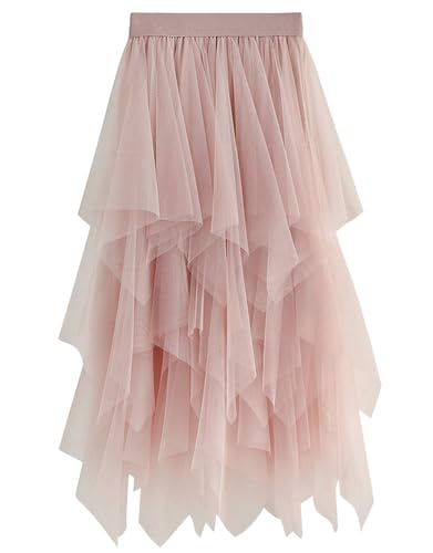 Damen Tüll Röcke High Low Layered Faltenrock Midi Rock Asymmetrisch Karnevalsrock Elegant Weich Knielang Puffy Fee Röcke von MERCIYD