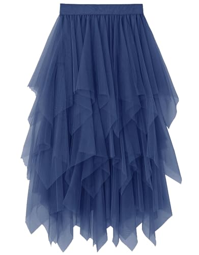 Damen Tüll Röcke High Low Layered Faltenrock Midi Rock Asymmetrisch Karnevalsrock Elegant Weich Knielang Puffy Fee Röcke von MERCIYD